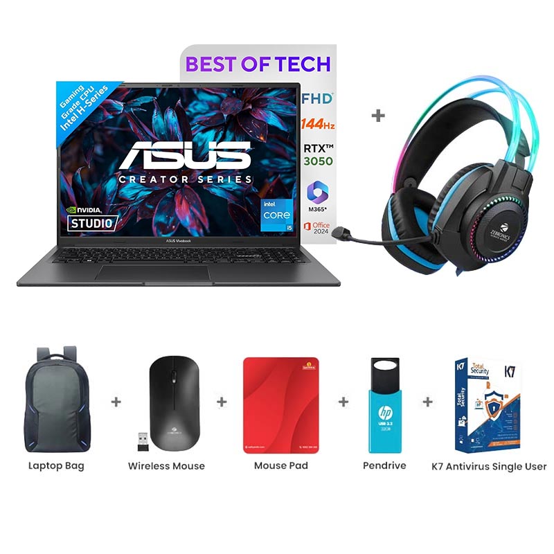 Picture of ASUS Vivobook 16X - Intel Core i5-13420H 16" (40.64cm) K3605VC-RP412WS Creator/Gaming Laptop (16GB/ 512GB SSD/ WUXGA/ 4GB GDDR6 NVIDIA RTX 3050 4GB/ Windows 11 Home/ Office Home 2024/ 1Year Warranty/ Indie Black/ 1.80 Kg) Zebronics Zeb-Jet Premium Gaming Headphone + Laptop Bag + Wireless Mouse + Mouse Pad + Pendrive + K7 Antivirus Single User